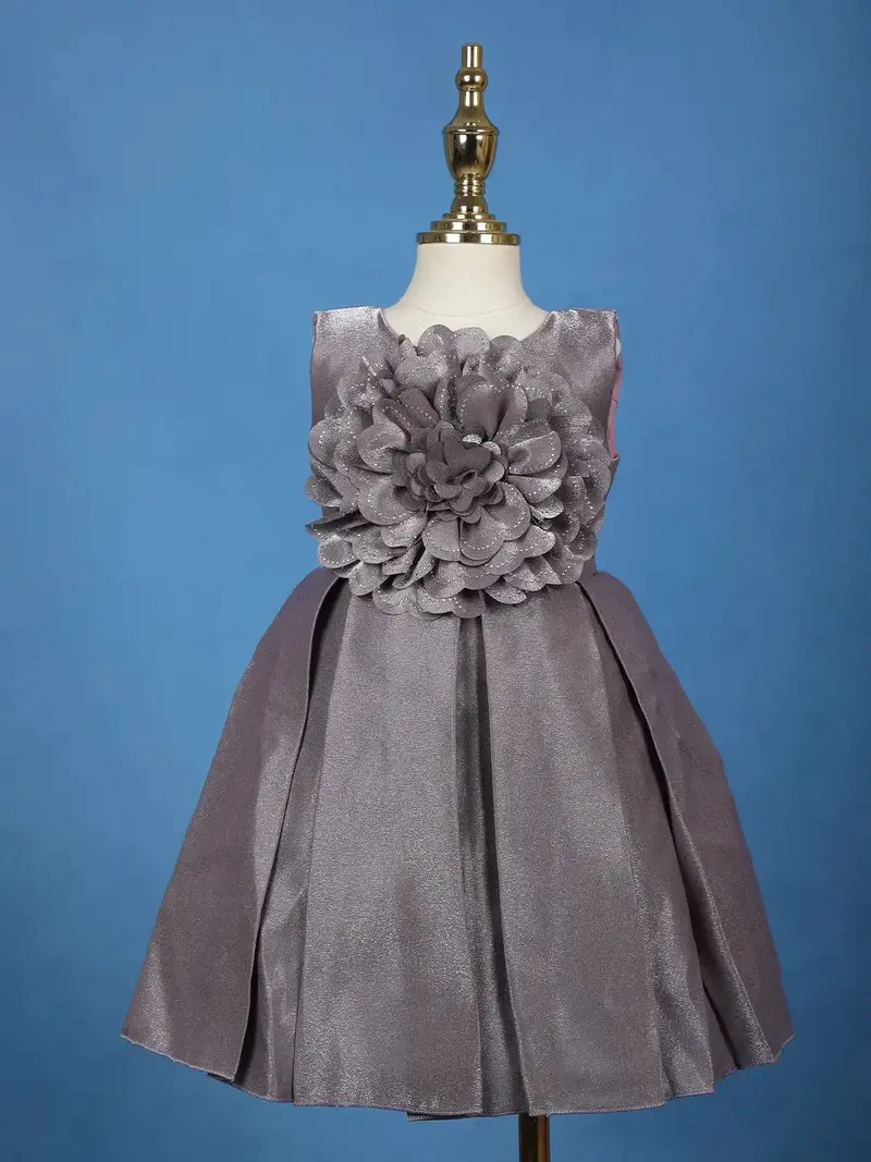 Dark Purple Metallic Shine Satin Party Frock With Oversized Glitter Floral Embellishment 1