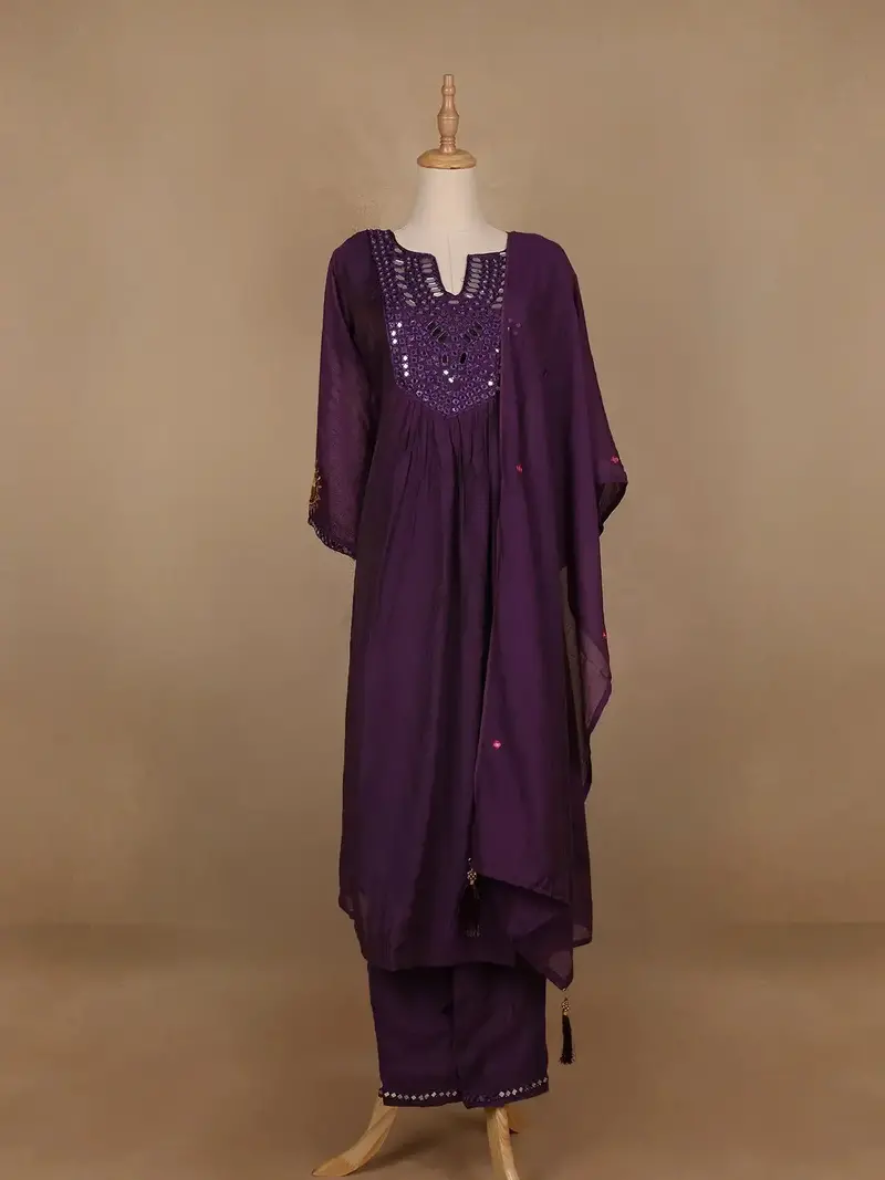 Dark Purple Mirror Worked Cotton Salwar Suit 1