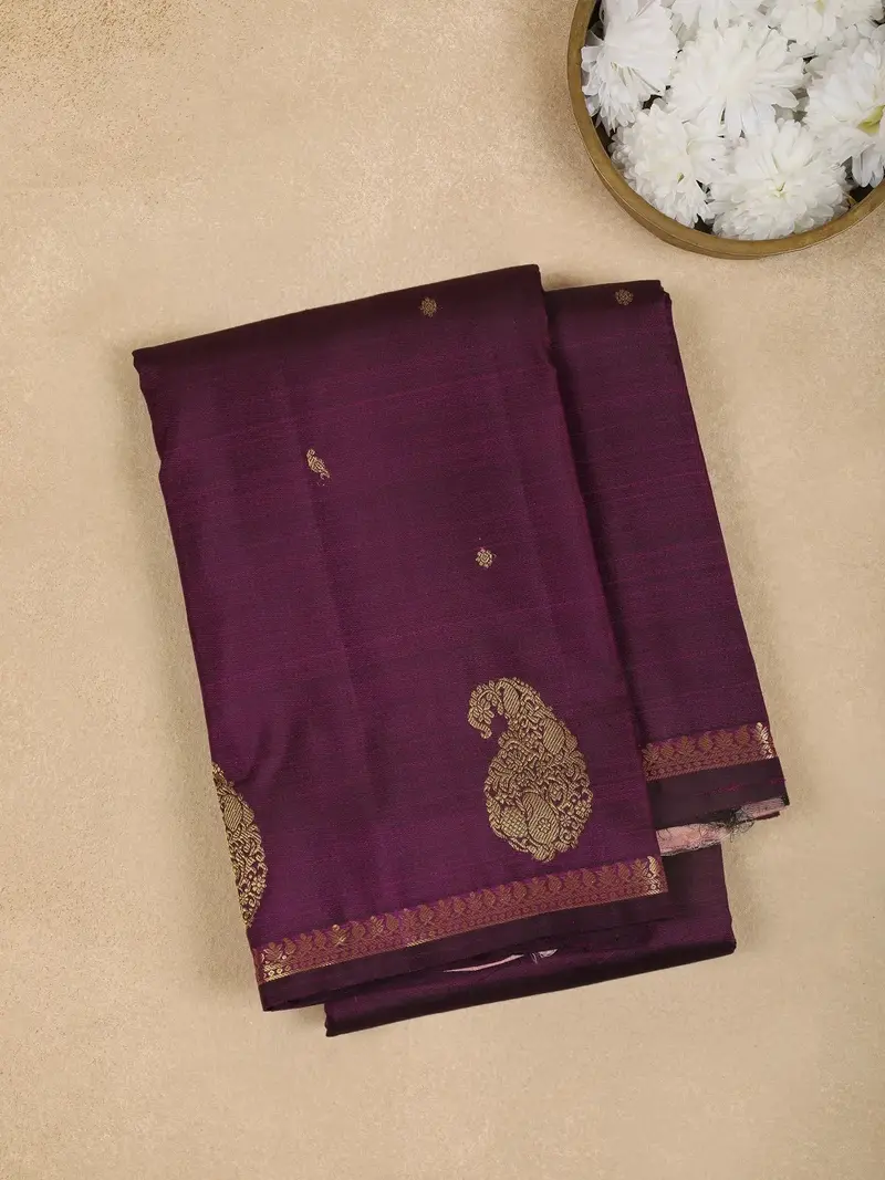Dark Purple Paisley Motif Pure Kanchipuram Silk Saree 1