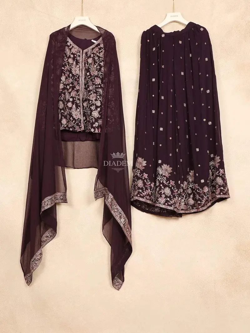 Dark Purple Palazzo Salwar Suit Adorned With Sequins And Floral Design Paired With Dupatta 1