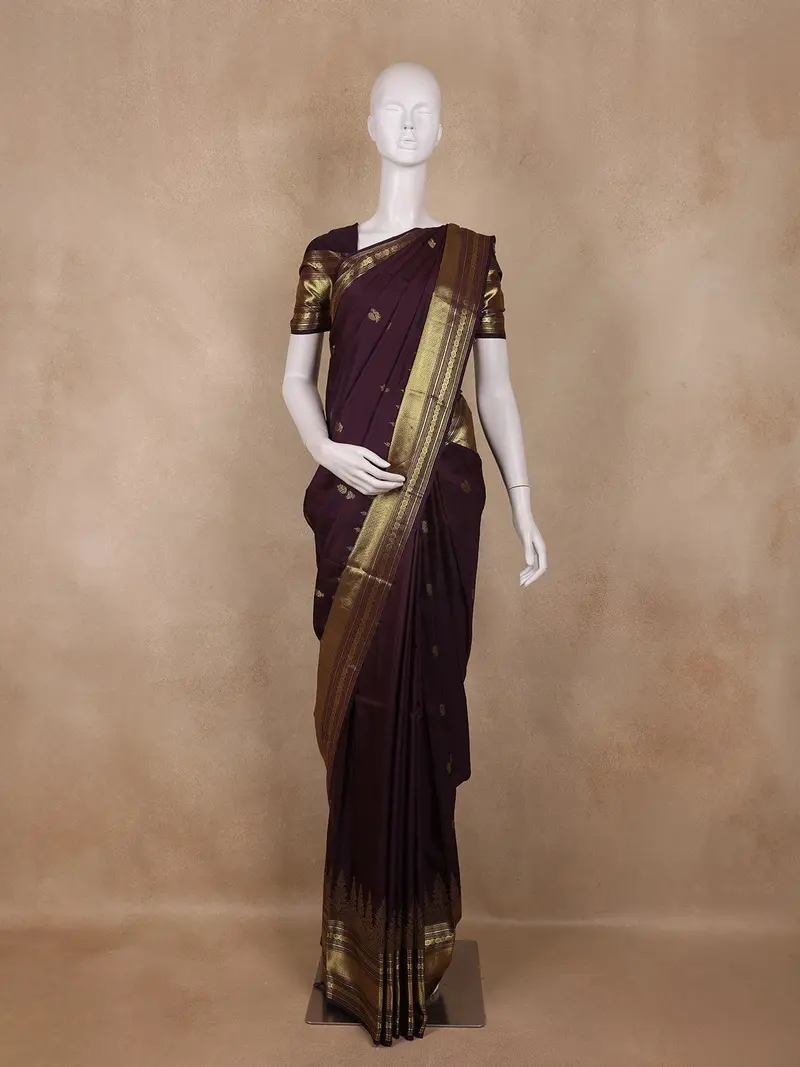 Dark Purple Peacock Butta Woven Design Pure Kanchipuram Silk Saree 1
