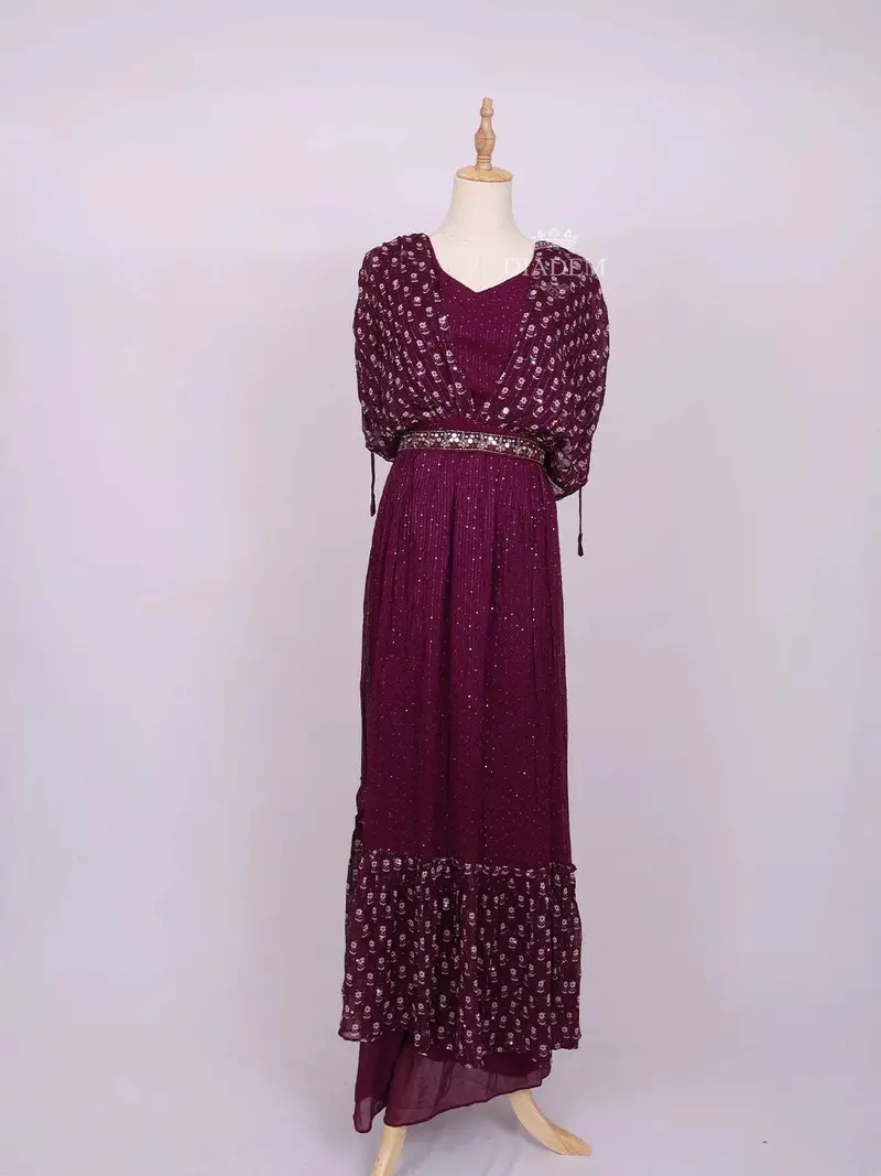 Dark Purple Plazzo Salwar Suit Adorned With Sequins And Mirror Work With Waist Belt 1