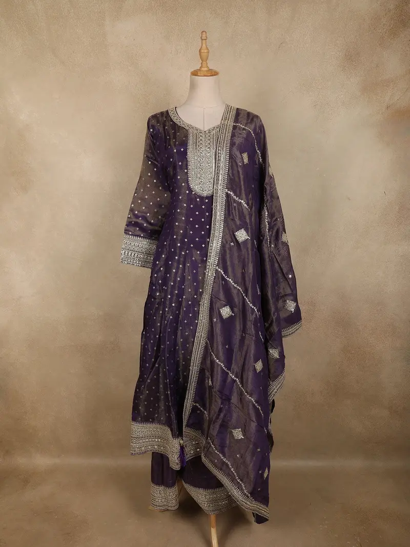 Dark Purple Sequins Embroidered Design Semi Tissue Palazzo Suit 1