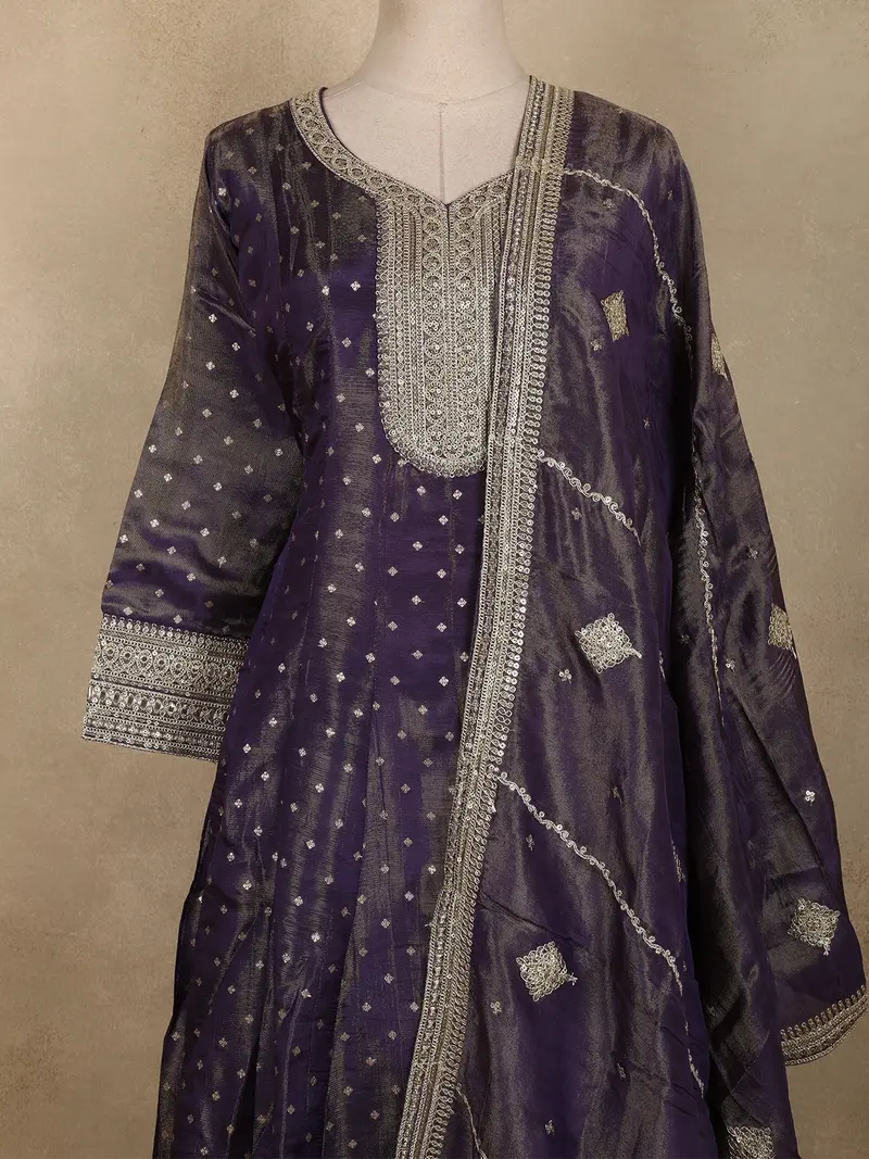 Dark Purple Sequins Embroidered Design Semi Tissue Palazzo Suit 2