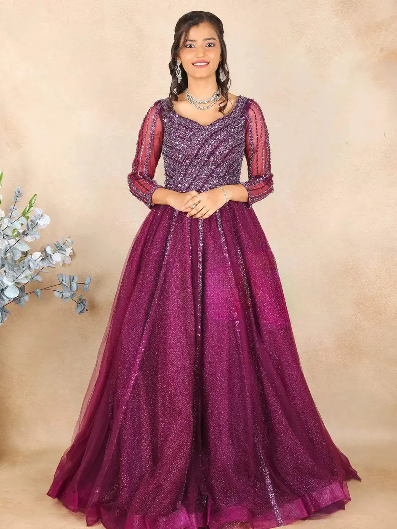 Dark Purple Sequins Embroidered Net Bridal Reception Gown 1
