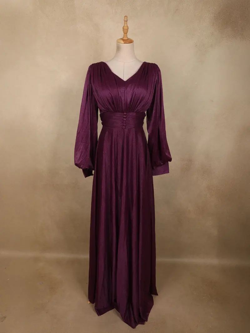 Dark Purple Shimmer Solid And Glitter Design Party Wear Gown With Empire Waist 1