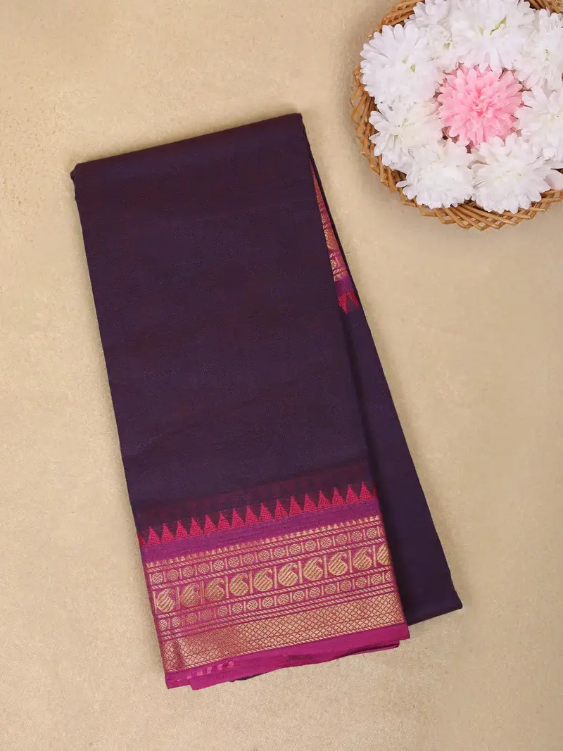 Dark Purple Solid Design Cotton Saree With Contrast Pink Zari Border 1