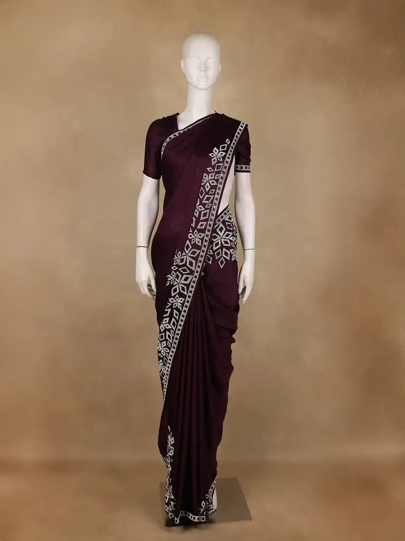 Dark Purple Solid Design Satin Silk Saree With Stone Embellished Border 1