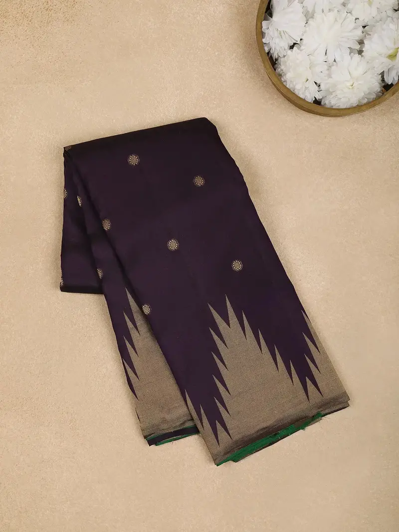 Dark Purple Temple Motifs Pure Kanchipuram Silk Saree 1