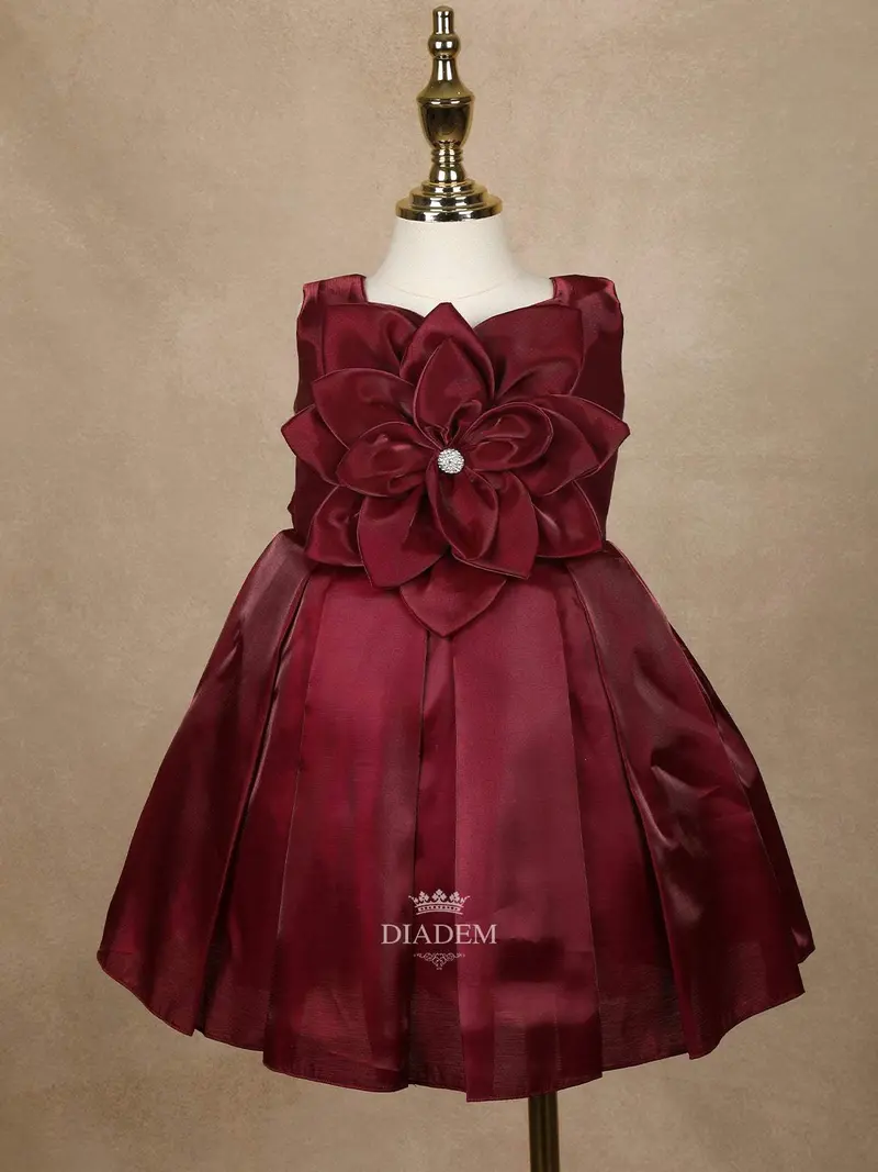 Dark Red 3D Floral Designed Party Gown For Girls 1