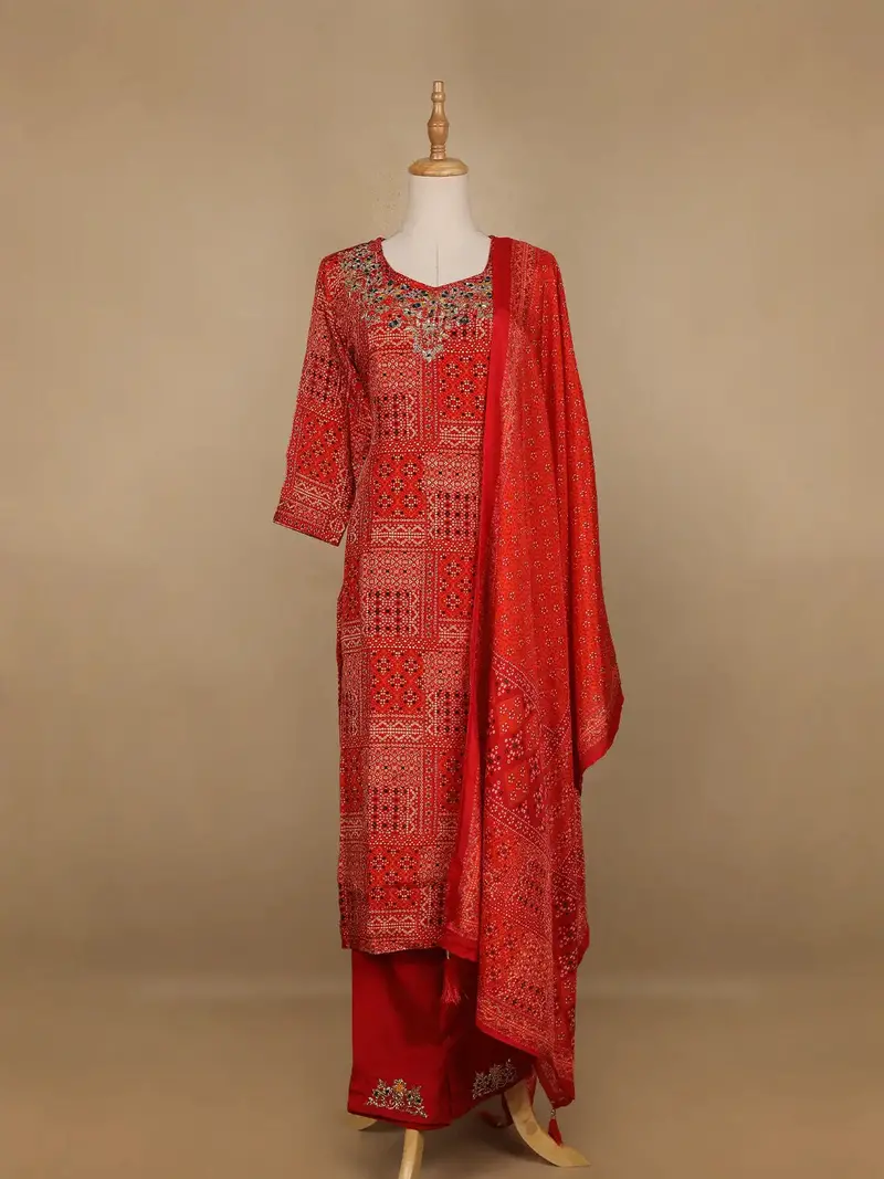 Dark Red Abstract Printed Semi Silk Salwar Suit 1