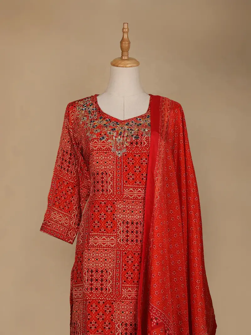 Dark Red Abstract Printed Semi Silk Salwar Suit 2
