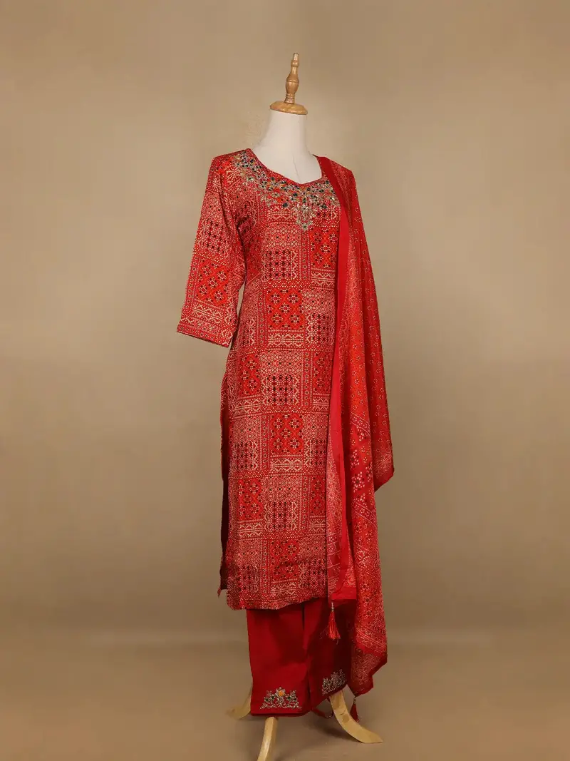 Dark Red Abstract Printed Semi Silk Salwar Suit 3