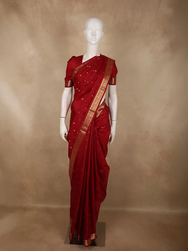 Dark Red Butta Zari Woven Design Kanchipuram Silk Saree With Paisley Zari Border 1