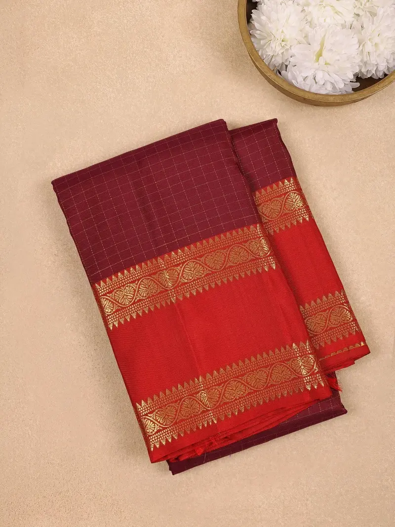 Dark Red Checkered Woven Pure Kanchipuram Silk Saree 1