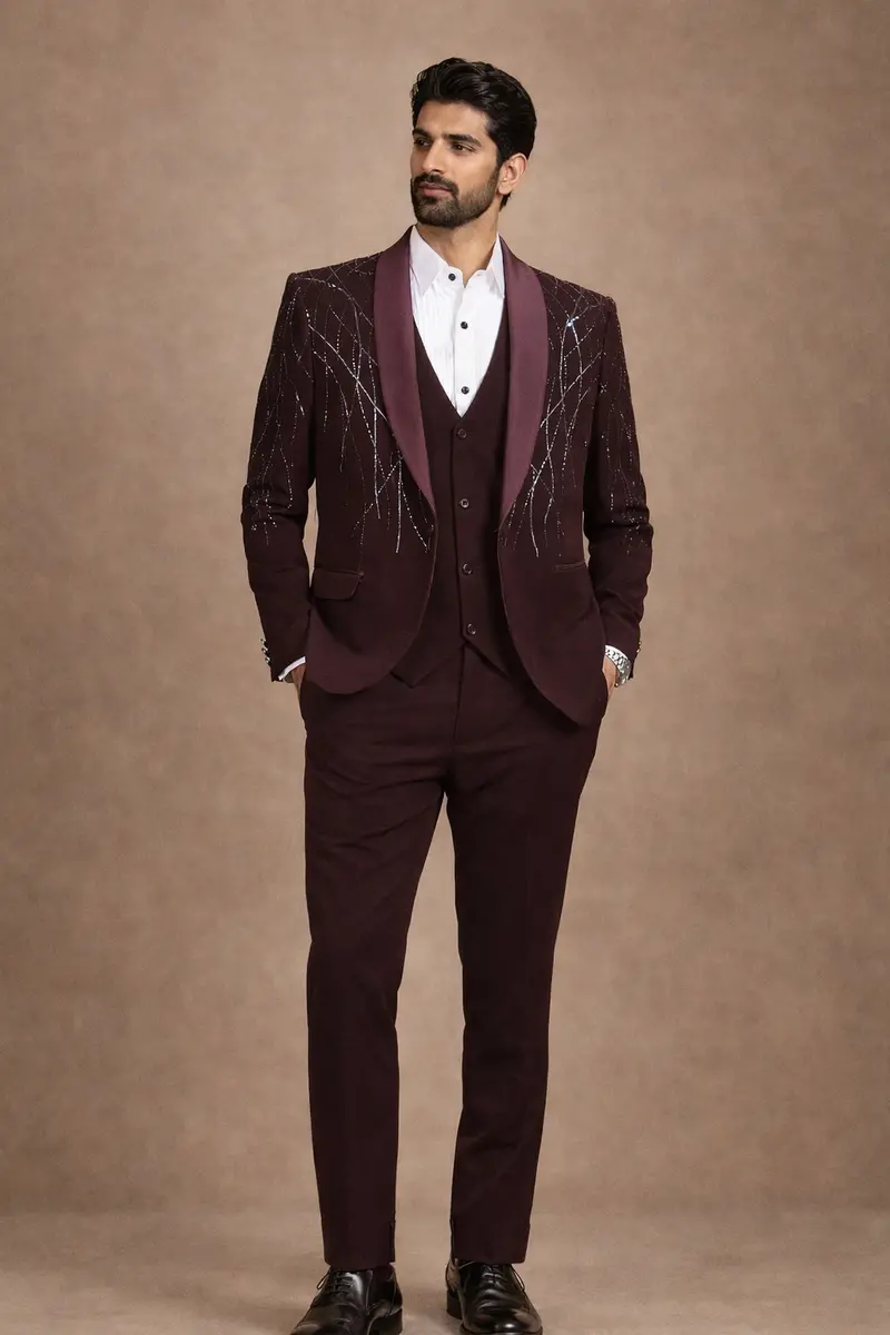 Dark Red Coat Suit Set With Embroidery Designs 1