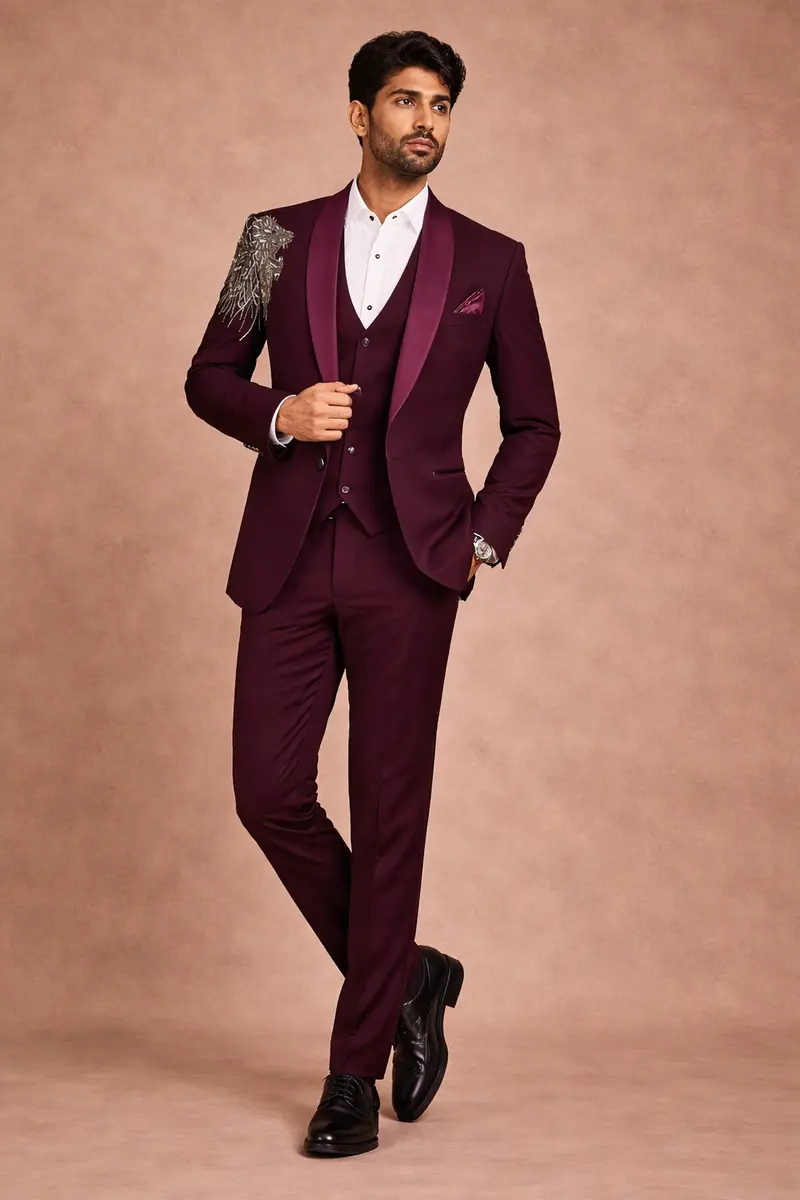 Dark Red Coat Suit Set With Lion Embroidery Designs 1