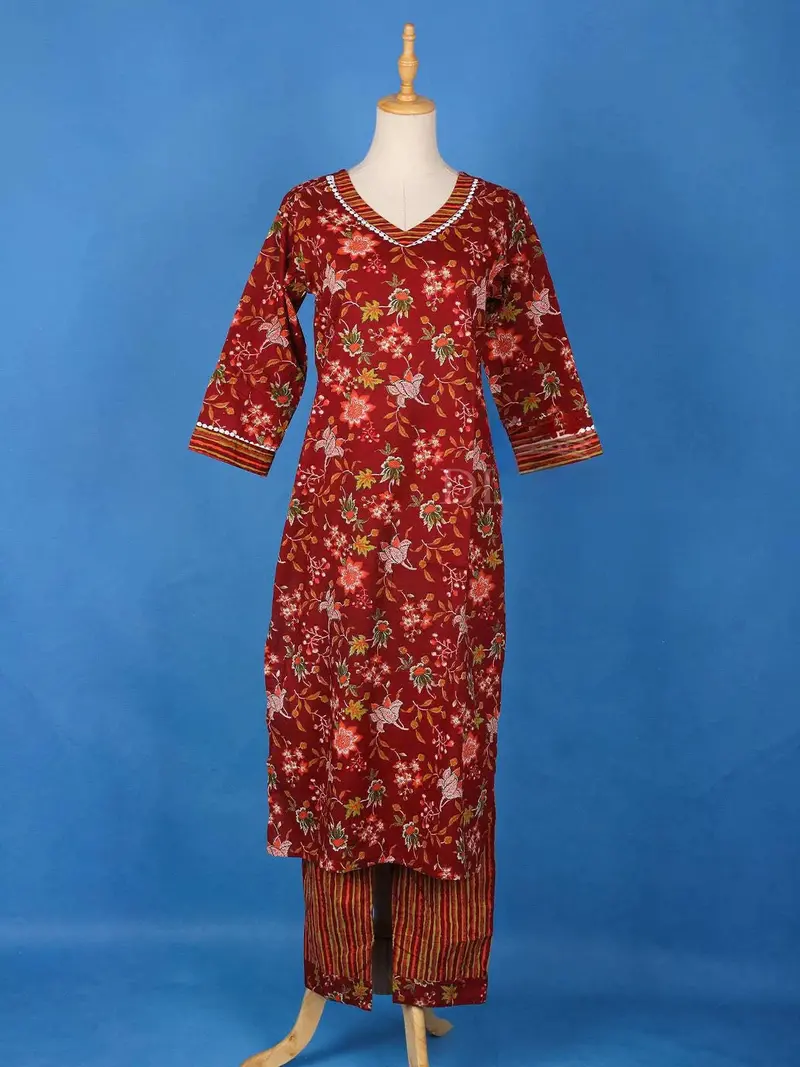 Dark Red Cotton Floral Design Printed Salwar Suit For Girls 1
