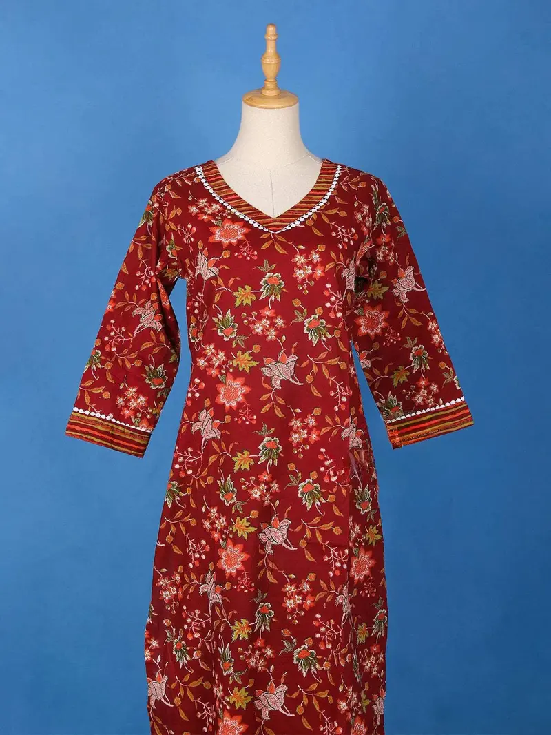 Dark Red Cotton Floral Design Printed Salwar Suit For Girls 2