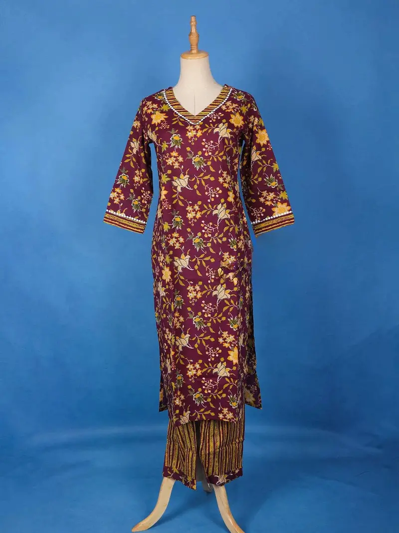 Dark Red Cotton Floral Printed Salwar Suit For Girls 1