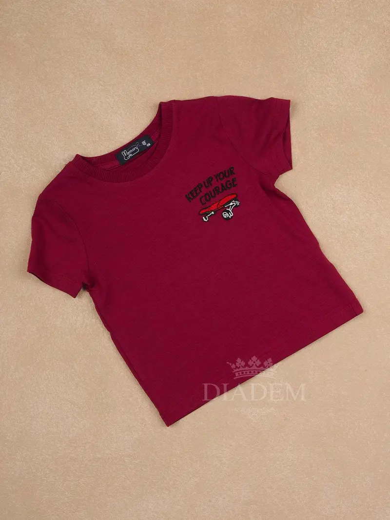 Dark Red Cotton Half Sleeve T-Shirt With Embroidery Designs For Boys 1