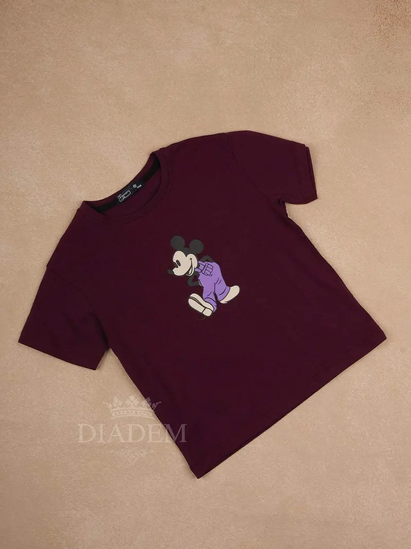 Dark Red Cotton Half Sleeve T-Shirt With Mickey Mouse Print For Boys 1
