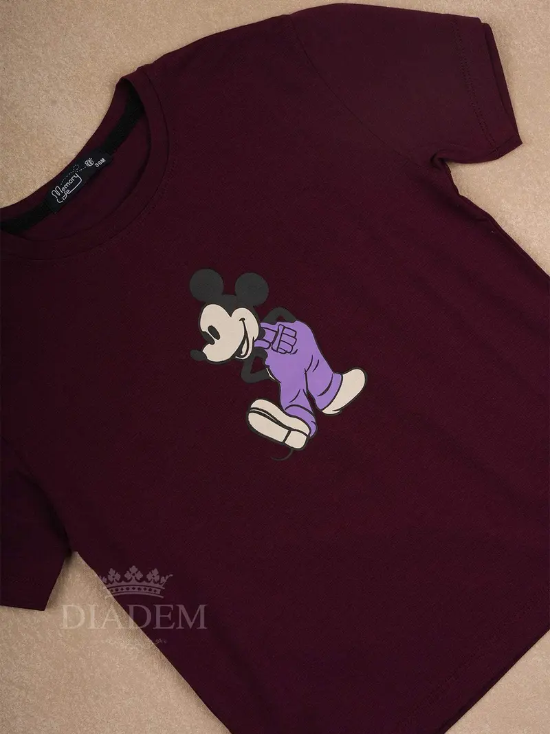 Dark Red Cotton Half Sleeve T-Shirt With Mickey Mouse Print For Boys 2