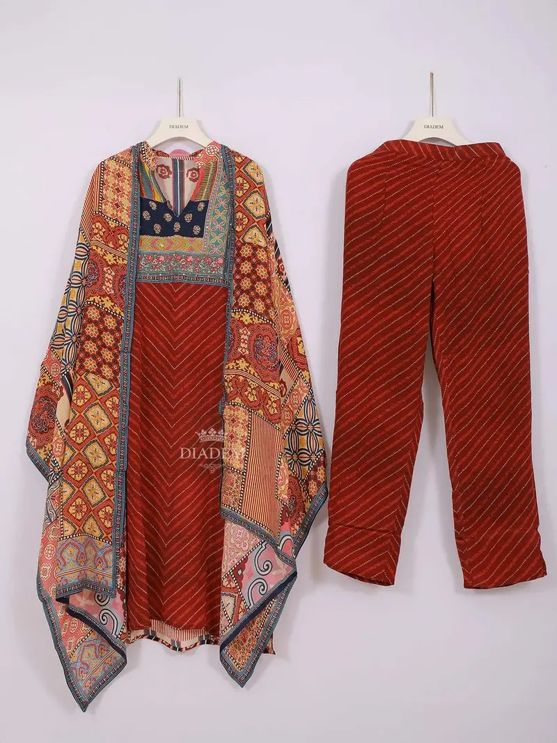 Dark Red Crepe Straight Cut Salwar Suit Adorned With Stripe Prints, Paired With Dupatta 1