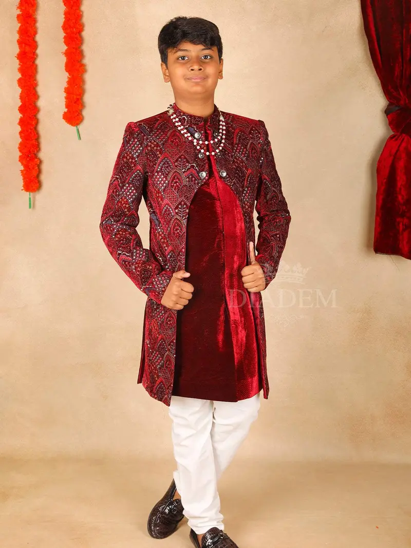 Dark Red Embroidered Sherwani And Pant Set 1