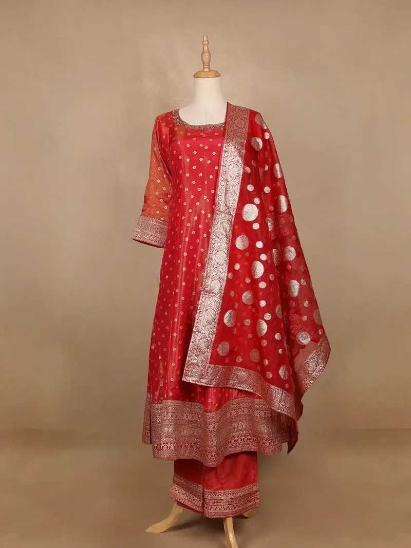 Dark Red Floral Butta Banarasi Anarkali Salwar Suit 1