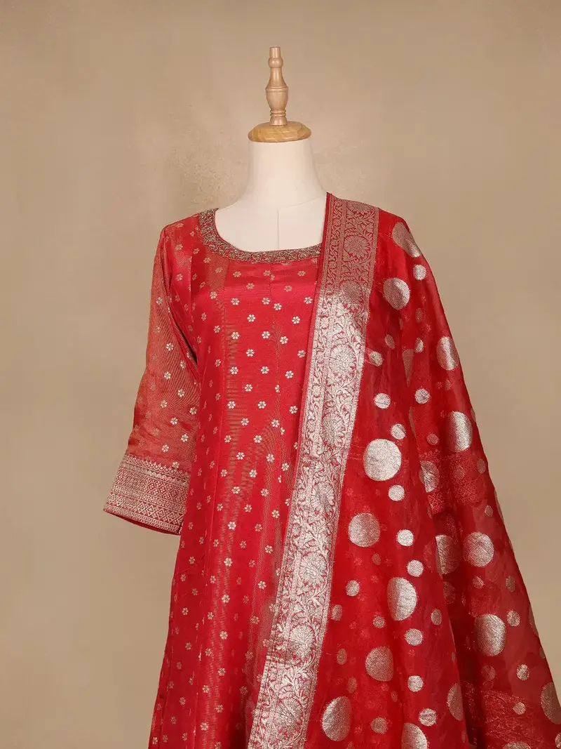 Dark Red Floral Butta Banarasi Anarkali Salwar Suit 2