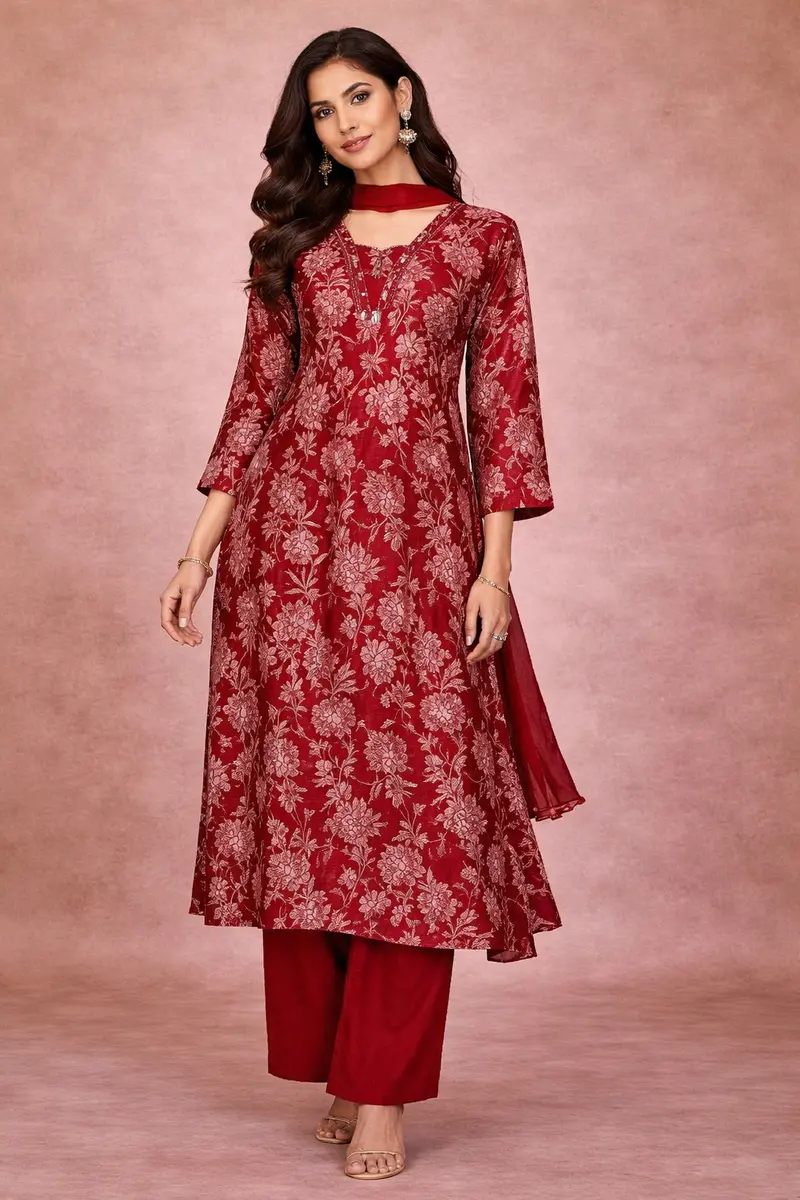 Dark Red Floral Designed Cotton Salwar Suit 1
