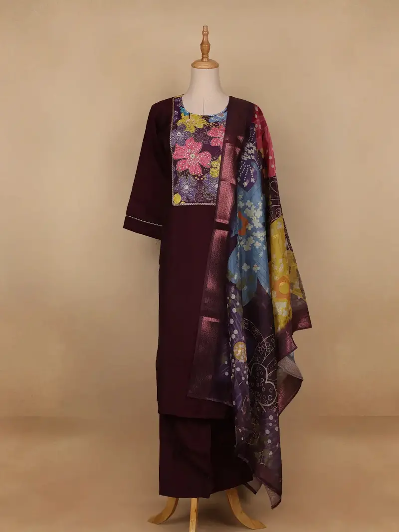 Dark Red Floral Designed Cotton Salwar Suit 1