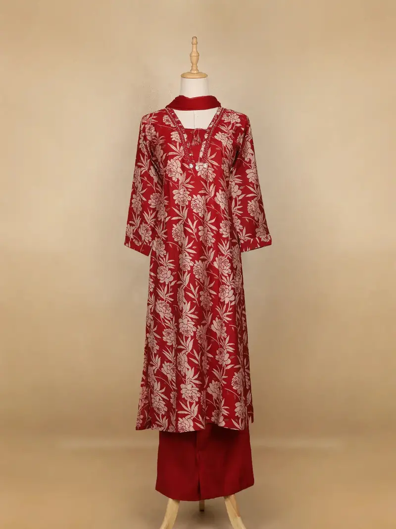 Dark Red Floral Designed Cotton Salwar Suit 2