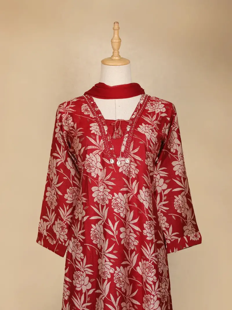 Dark Red Floral Designed Cotton Salwar Suit 3