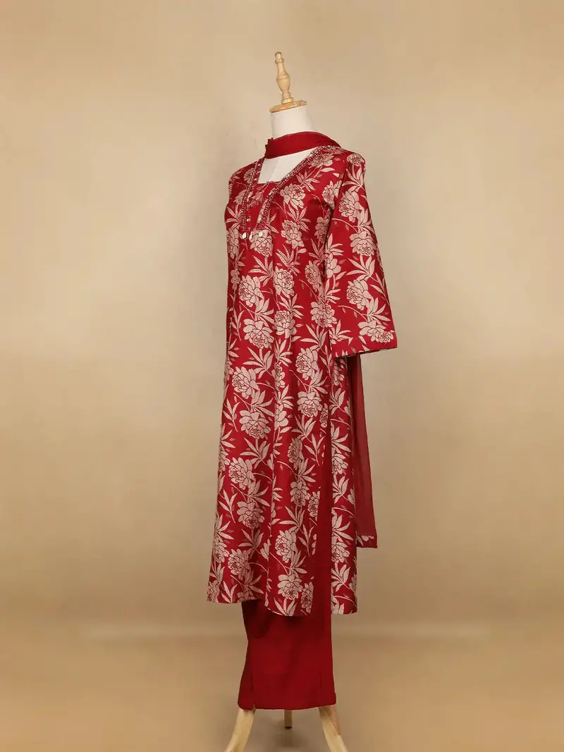 Dark Red Floral Designed Cotton Salwar Suit 4