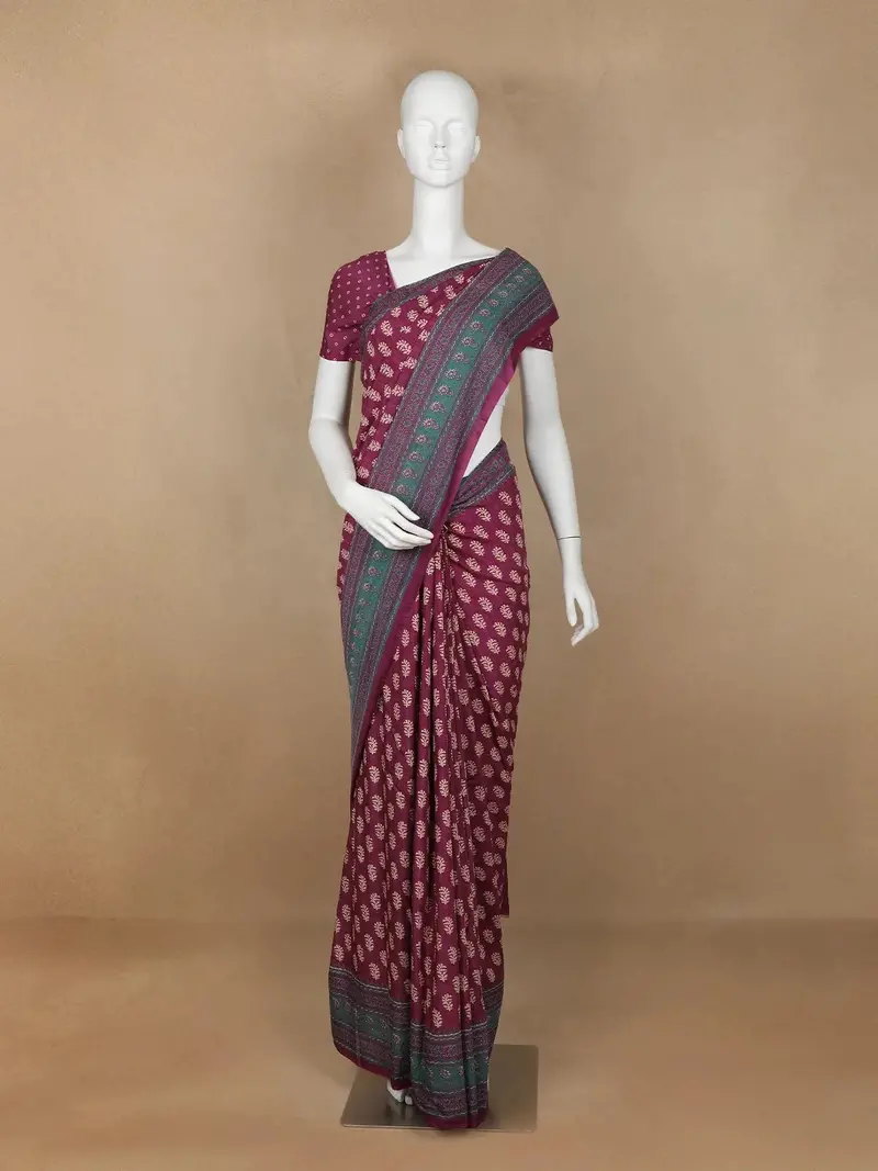 Dark Red Floral Designed Cotton Saree 1