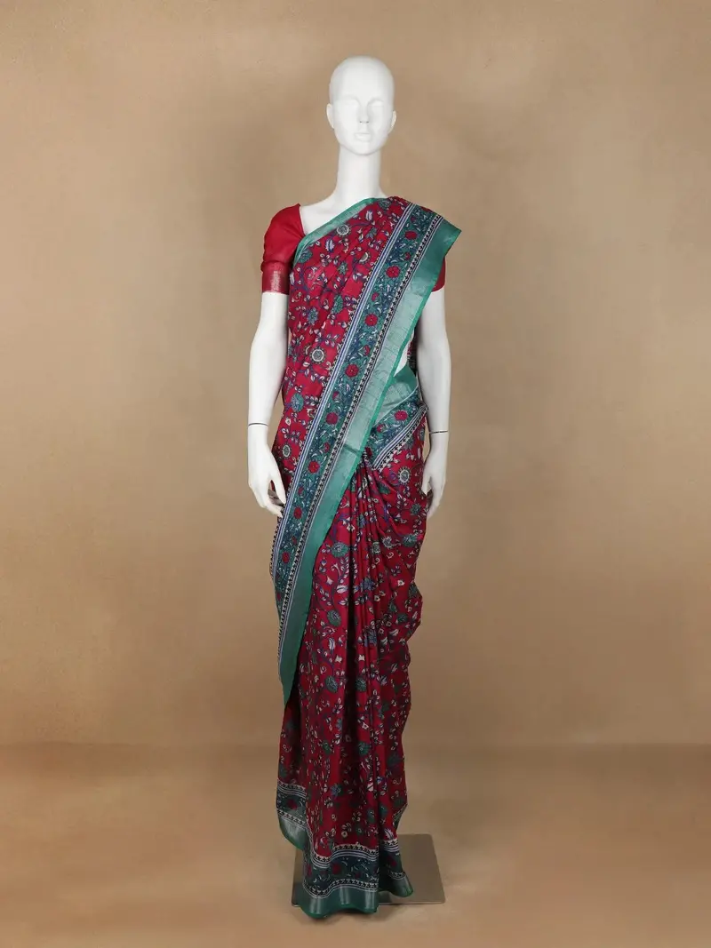 Dark Red Floral Designed Cotton Saree 1