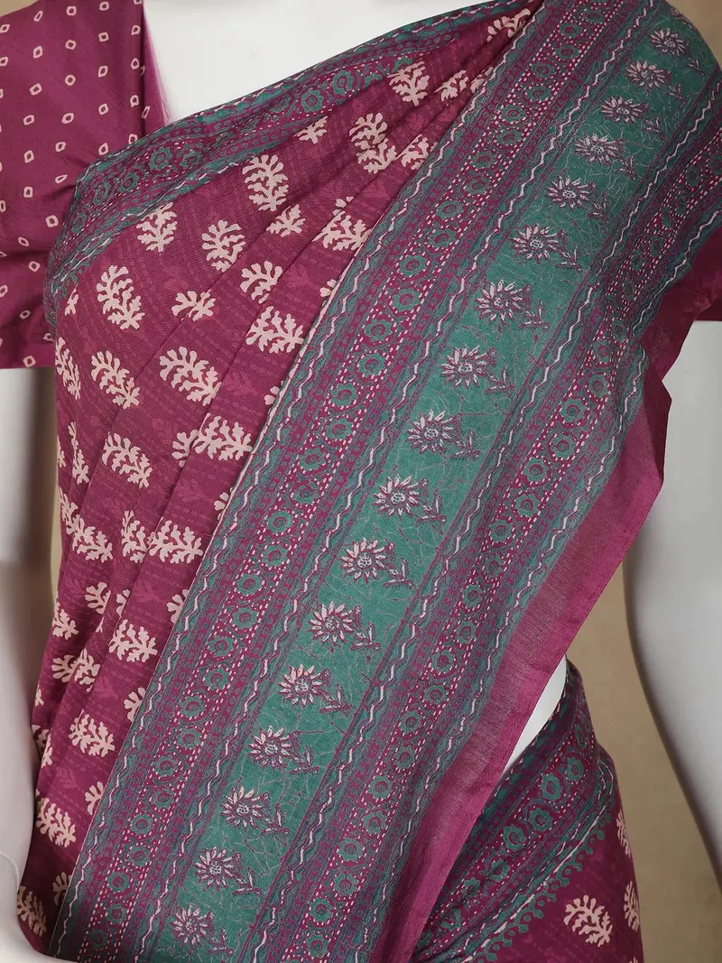 Dark Red Floral Designed Cotton Saree 2