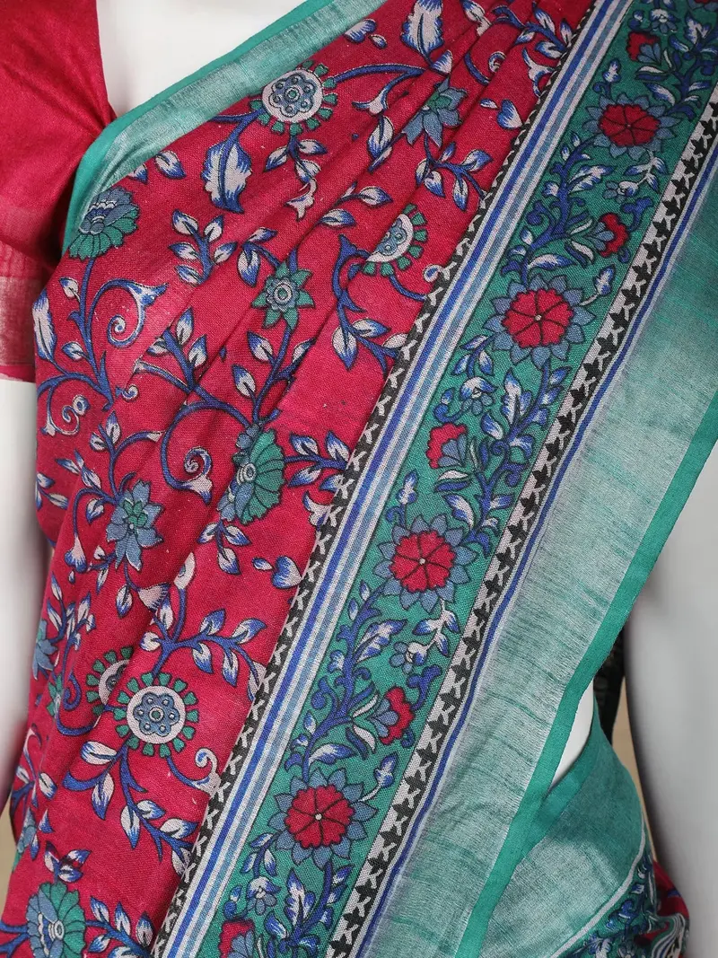 Dark Red Floral Designed Cotton Saree 2