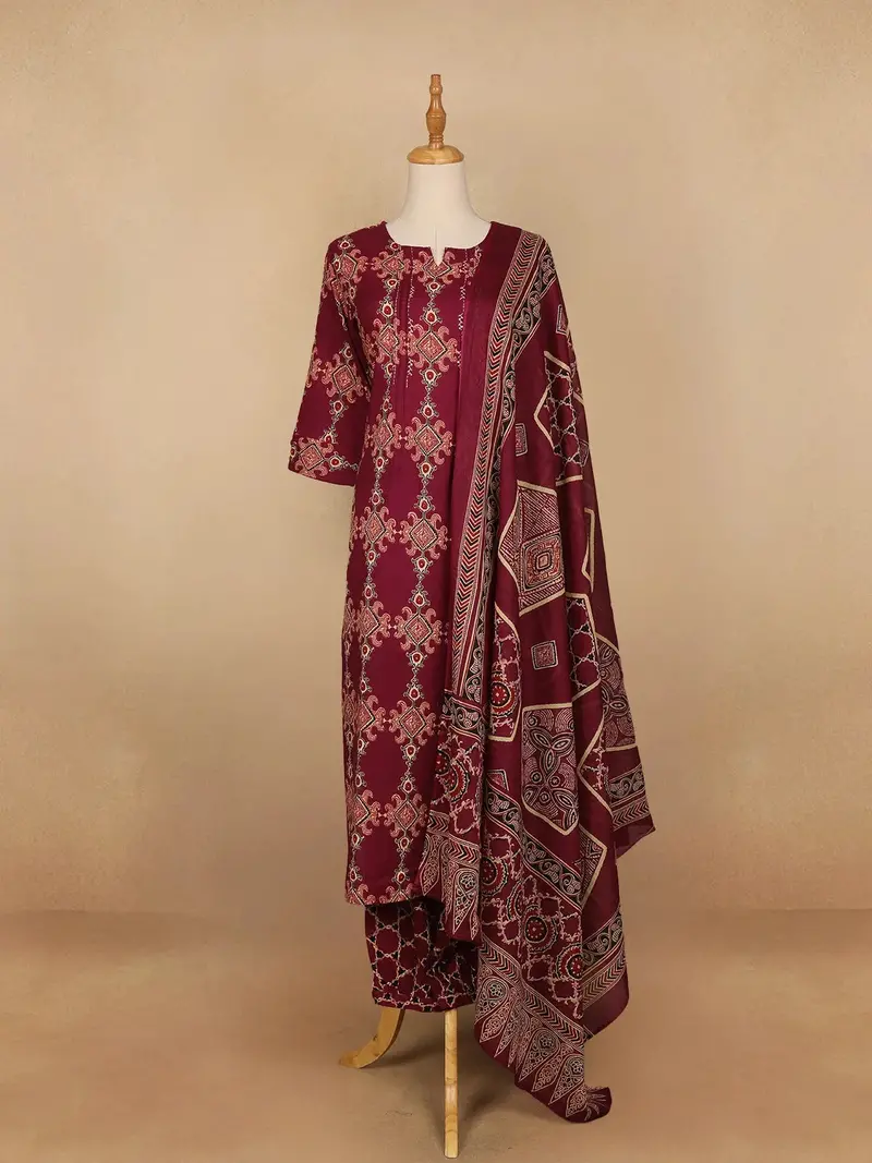 Dark Red Floral Designed Cotton Straight Cut Salwar Suit 1