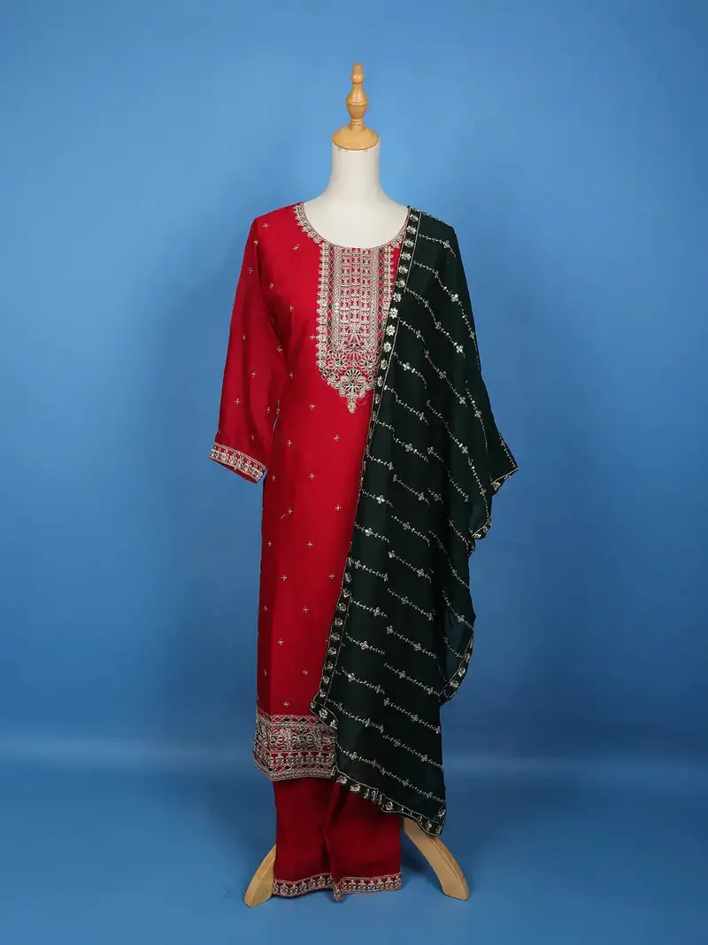 Dark Red Floral Designed Crepe Salwar Suit 1