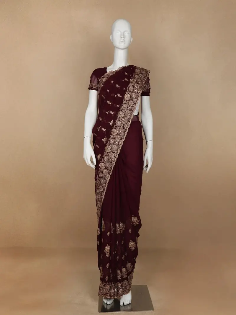 Dark Red Floral Designed Georgette Fancy Saree 1