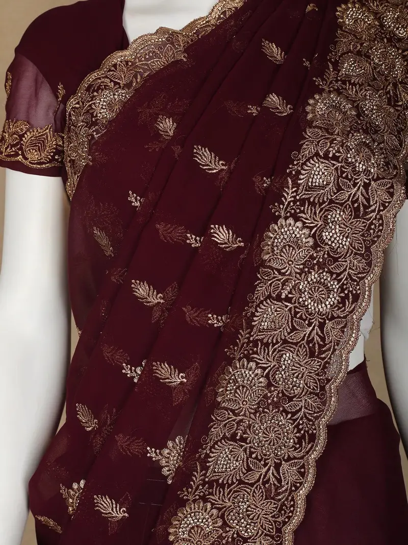 Dark Red Floral Designed Georgette Fancy Saree 2