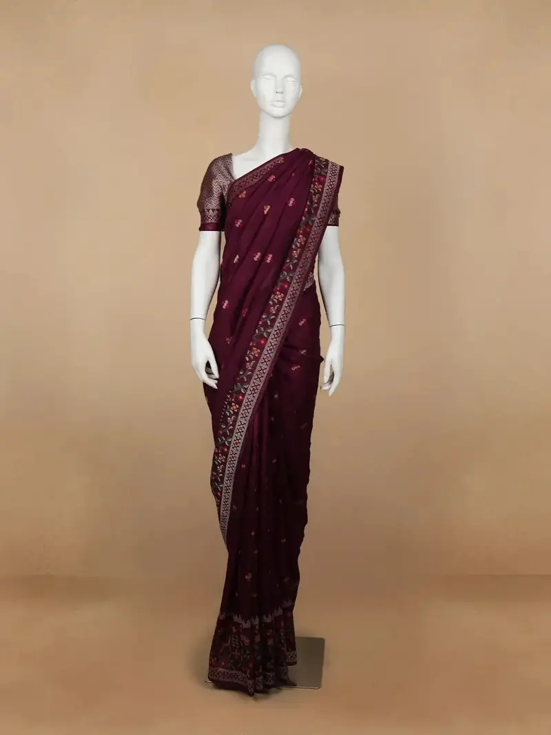 Dark Red Floral Designed Raw Silk Saree 1