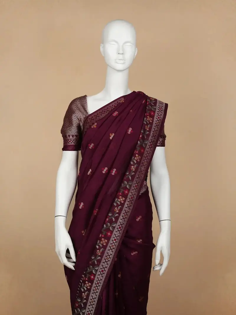 Dark Red Floral Designed Raw Silk Saree 2