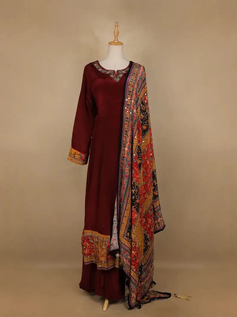 Dark Red Floral Designed Semi Silk Anarkali Salwar Suit 1