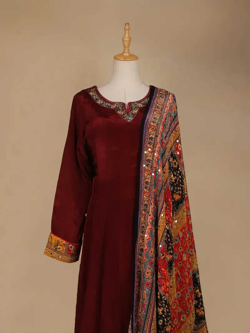 Dark Red Floral Designed Semi Silk Anarkali Salwar Suit 2