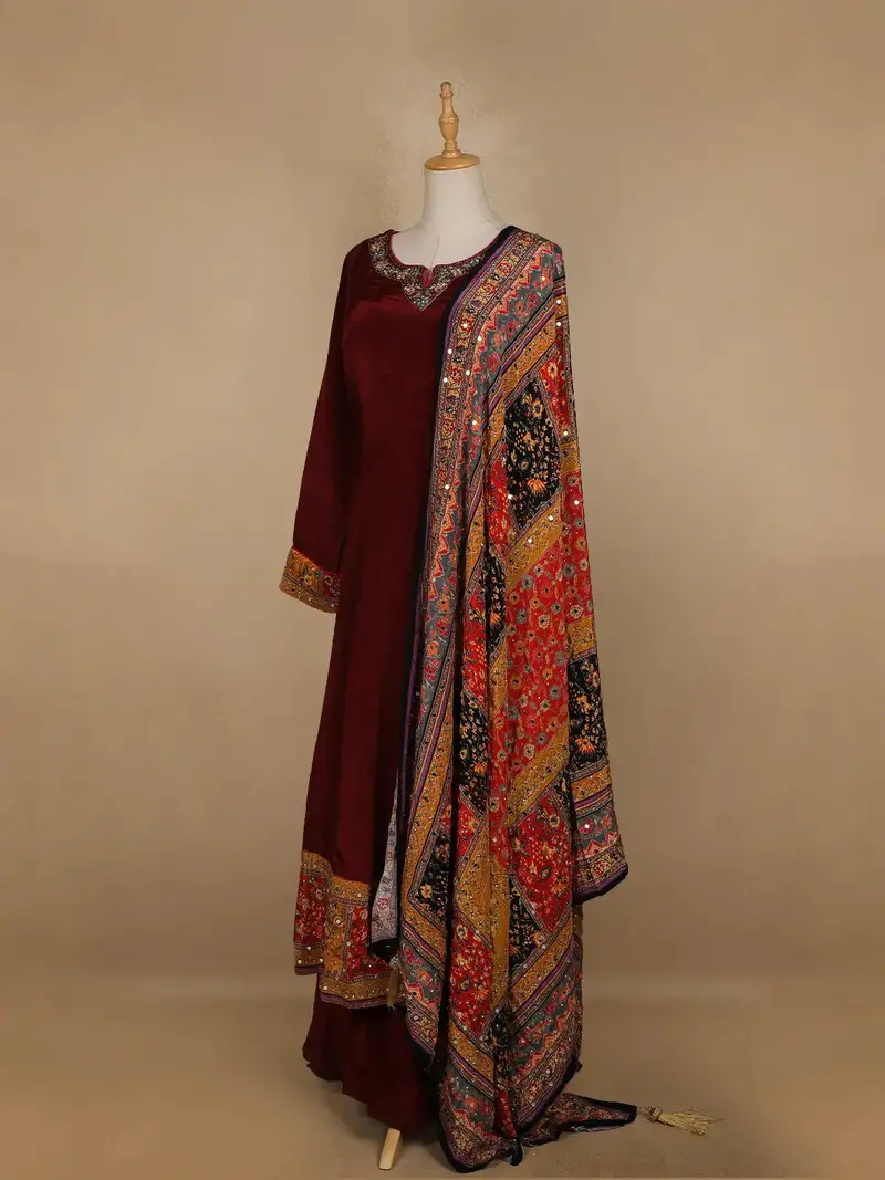 Dark Red Floral Designed Semi Silk Anarkali Salwar Suit 3
