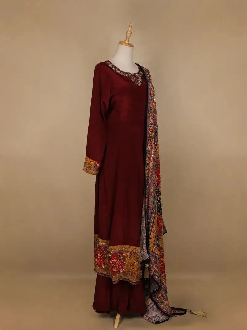 Dark Red Floral Designed Semi Silk Anarkali Salwar Suit 4